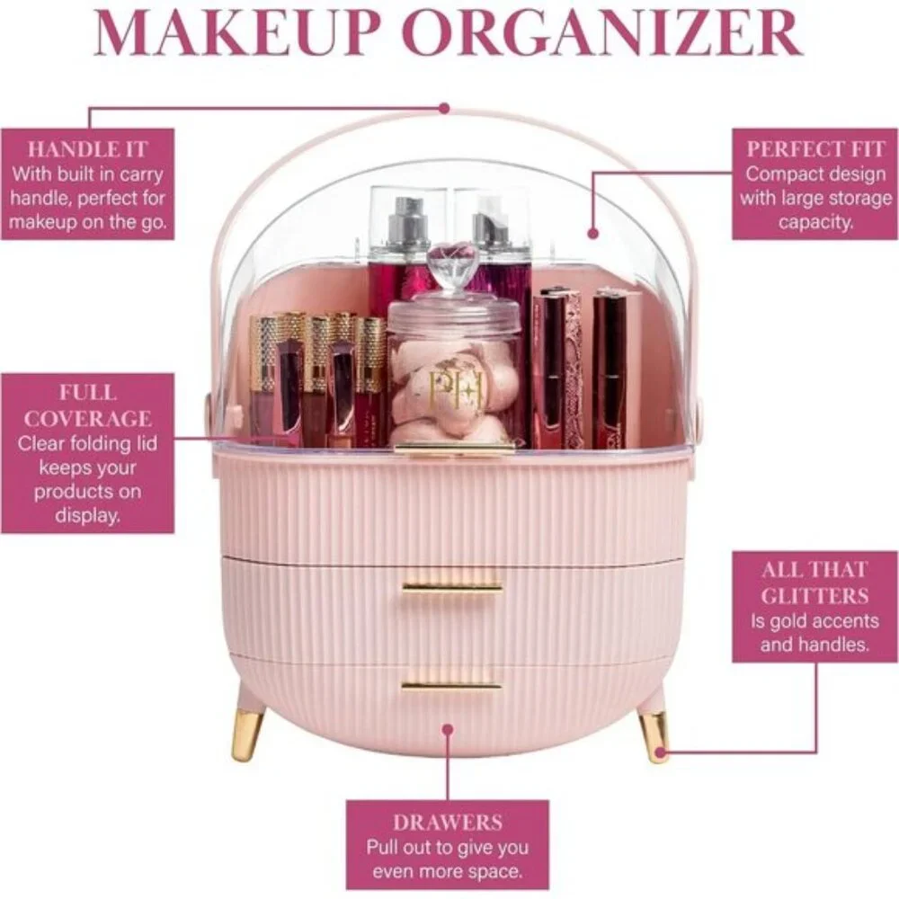 New Pink Makeup Storage Organizer, Standard Size Cosmetic Box with Dustproof Lid